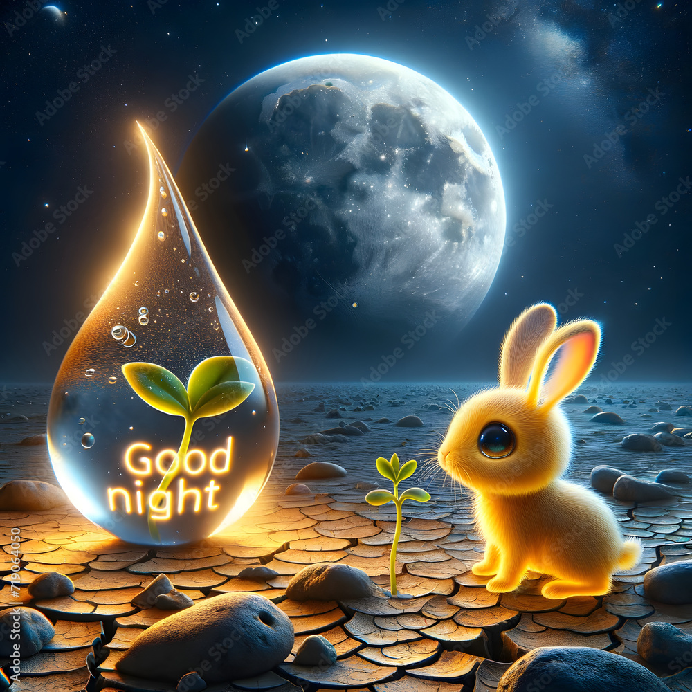 Poster an enchanting image with the glowing text good night, featuring a rabbit droplet character looking a