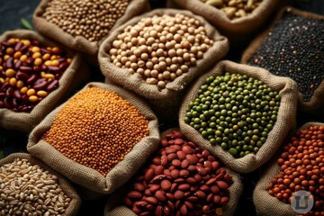 Obraz premium Organic abundance Variety of grains and legumes, top view collage
