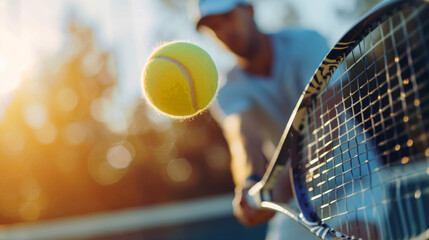 Precision Shot: Close-up of Tennis Player Striking the Ball - obrazy, fototapety, plakaty