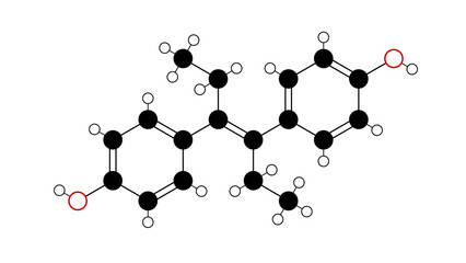 diethylstilbestrol molecule, structural chemical formula, ball-and-stick model, isolated image nonsteroidal estrogen