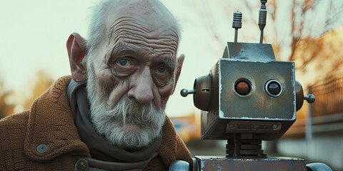 Elderly old man with robot Ai artificial intelligence assistant helper, futuristic helping robots, generated ai