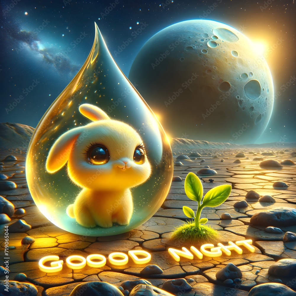 Poster an enchanting image with glowing text 'good night', featuring a rabbit droplet character looking at 