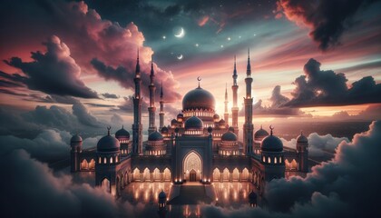 Beautiful View of the Mosque Under the Beauty of the Starry Night Sky and Crescent Moon - obrazy, fototapety, plakaty
