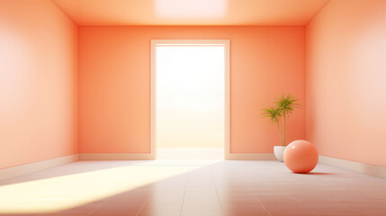Fototapeta na wymiar Peach fizz colored interior, empty room with door, lots of sunlight. Minimalistic contemporary concept. Generative AI