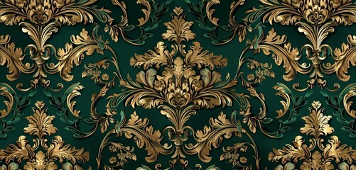Baroque-inspired seamless vector in forest green and antique bronze, radiating natural opulence.
