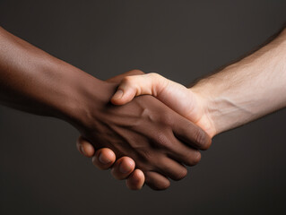 Two multiracial people shaking hands - ai generative