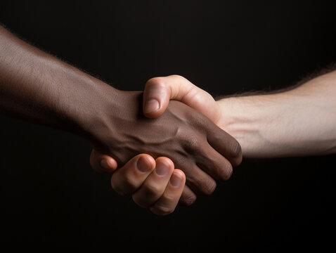 Two multiracial people shaking hands - ai generative