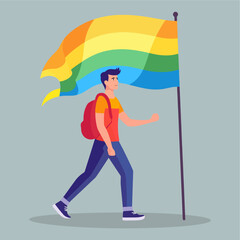 vector flat gay going on road holding lgbt flag