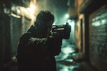 Man trying to rob in a dark alley pointing with gun with rain as background
