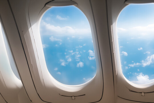 view from an airplane window. white windows overlooking blue sky and white clouds, flight concept