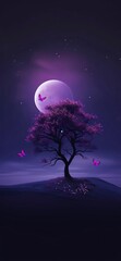 Creative illustration of night spring landscape with moon and tree.