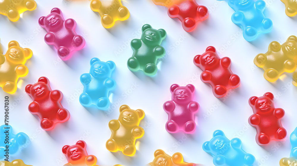 Poster Seamless pattern with many colorful gummy bears on white background