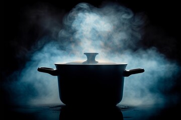 Steamy mystery Pot emitting steam, dark logo, saucepan in shadows