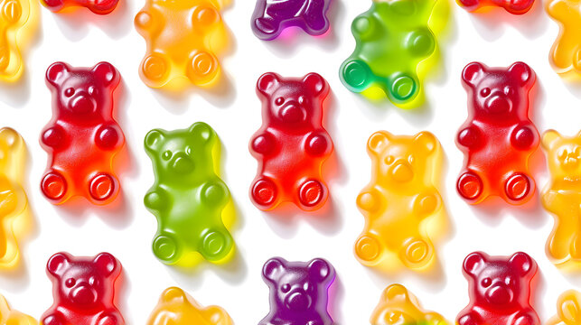 Seamless pattern with many colorful gummy bears on white background