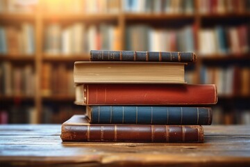 Library serenity Books stacked on wooden table, blurred bookshelf backdrop