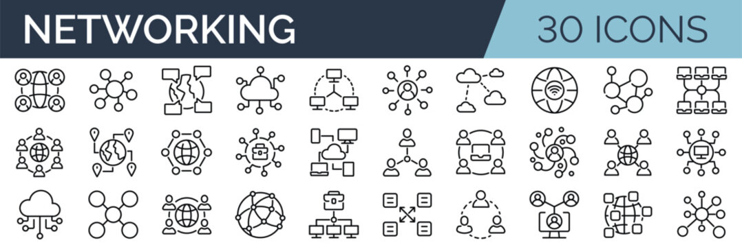 Set of 30 outline icons related to networking. Linear icon collection. Editable stroke. Vector illustration
