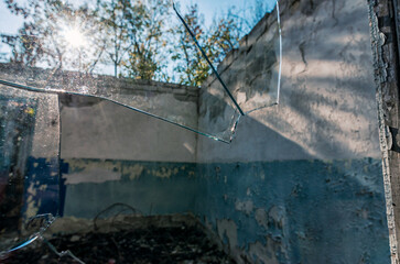 view from the window of an abandoned abandoned house in the village of Ukraine