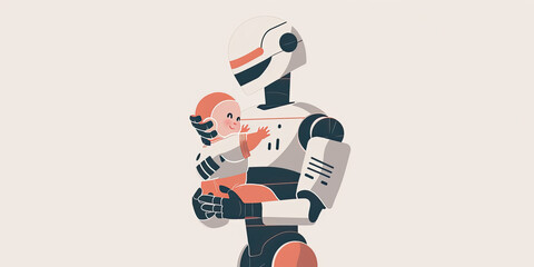 AI robot taking care of new born baby, holding babies, futuristic nanny caring infant, generated ai