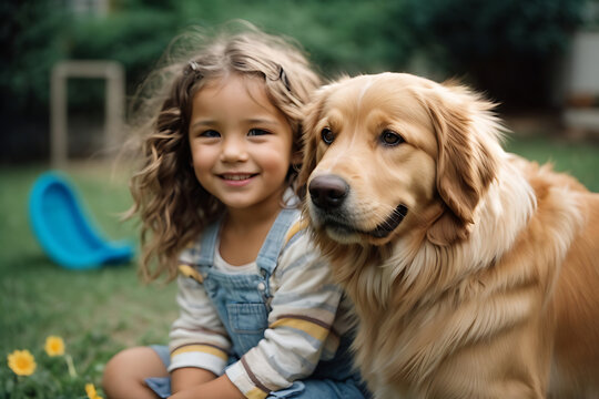 Cute Golden Retriever Playing with Girl in the Garden - Generative AI Image