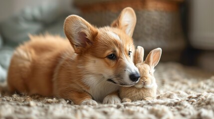 Naklejka na ściany i meble Close-up corgi dog close to a baby bunny, lying on the carpet at home