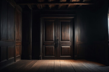A frontal view of a dark room with an old wooden door, dark and mysterious atmosphere - obrazy, fototapety, plakaty