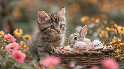 Fototapeta na wymiar A kitten finding baby rabbit in an Easter basket with eggs, in a springtime garden