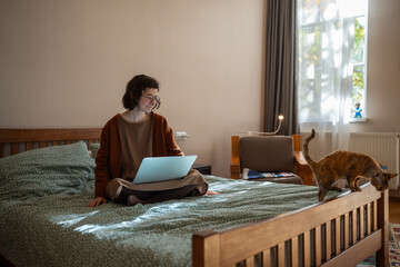 Woman freelancer working on laptop sitting in bed looking at pet cat at home. Girl in glasses...