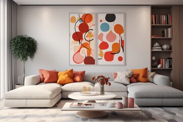 Stylish living room with design furniture. Modern decor of bright room. Living room wall poster mockup. An elegant and luxurious living room with a comfortable sofa and armchair, elegant