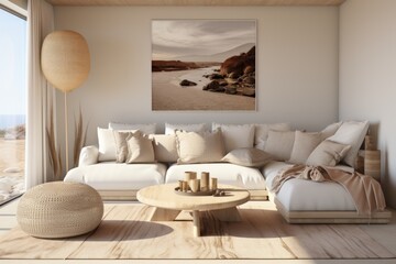 Fototapeta na wymiar Stylish living room with design furniture. Modern decor of bright room. Living room wall poster mockup. An elegant and luxurious living room with a comfortable sofa and armchair, elegant