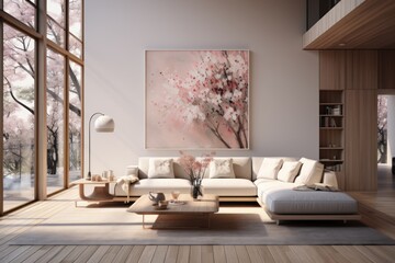 Stylish living room with design furniture. Modern decor of bright room. Living room wall poster mockup. An elegant and luxurious living room with a comfortable sofa and armchair, elegant