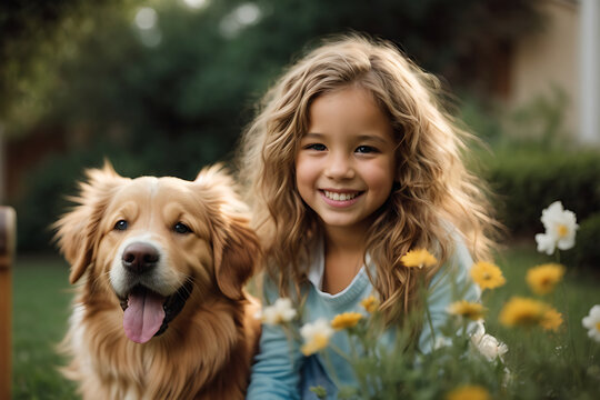 Cute Golden Retriever Playing with Girl - Generative AI Image