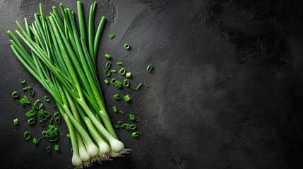 Top view of fresh green onion with a big copy space on black surface, Generative AI.