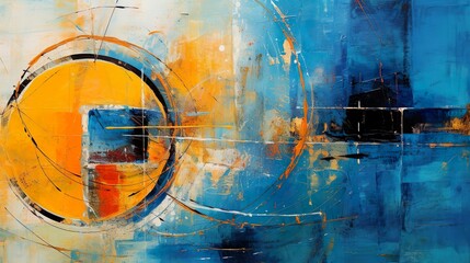 Modern Abstract painting art technique background with dots, curves, circles and lines in blue and yellow.