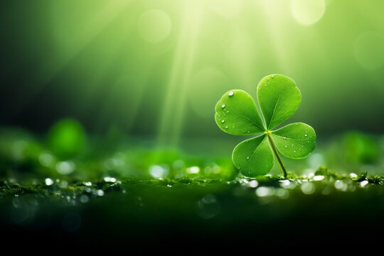 a leaf of clover with dew drops under the rays of the sun . St. Patrick's Day. copy space