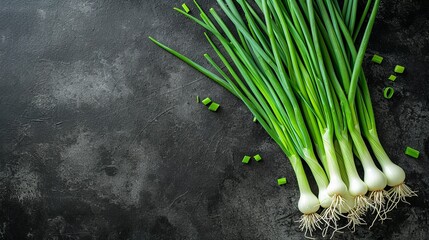 Top view of fresh green onion with a big copy space on black surface, Generative AI.