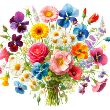 Bouquet of different flowers, roses, daisies, pansies and others. They are drawn in detail on a white background. Ideal for greeting cards, invitations or decorative printed products. AI Generation.