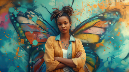 Young woman with dreadlocks in yellow jacket, arms crossed in front of a butterfly wing mural