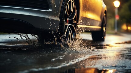 A car's tire splashes through a puddle on a wet street after rain, Golden glow of streetlights and sunset. Reflection on the dark asphalt. - obrazy, fototapety, plakaty