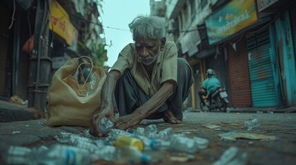 Old man collecting rubbish in the streets