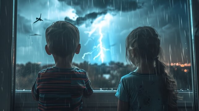 The children looked out the glass window and saw beautiful lightning.