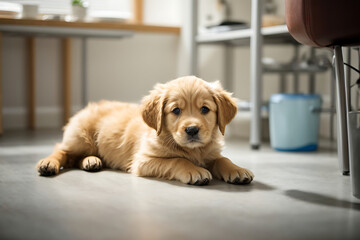 golden retriever puppy sitting on the floor - obrazy, fototapety, plakaty