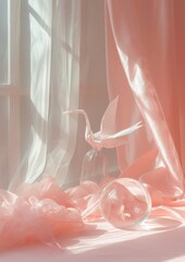 Soft pink still life composition. An assortment of delicate items like a silk ribbon, a translucent glass orb, and a paper crane. Minimalist aesthetic