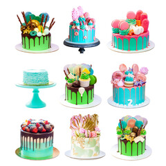 Close up of assorted green cakes isolated on white background, png. Ideas for menu, restaurant, cafe, poster, banner