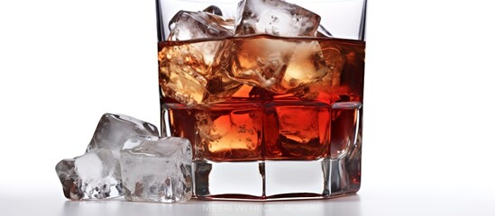 cold glass with ice and cola on a white background