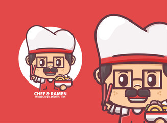 cute chef cartoon with ramen, japanese food vector illustration, logo mascot