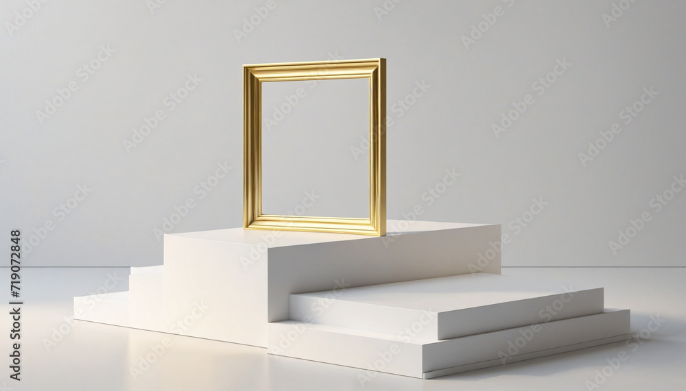 Aufkleber 3d abstract background with white steps and a gold square frame for product display