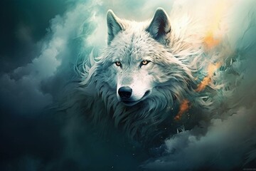 Mystical wolf portrait in a surreal realm. Breathtaking backdro... Generative AI