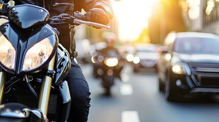 With style and speed, the motorcyclist navigates urban traffic, leaving behind a trail of excitement. Cropped image. - obrazy, fototapety, plakaty