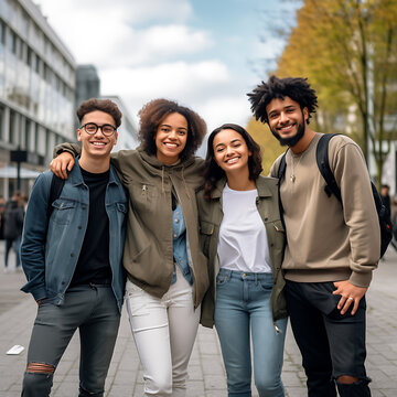 Multiracial group of friends having fun together outdoors on city street- in winter - Young cheerful people walking hugging outside- Next gen z lifestyle concept-Smiling students
