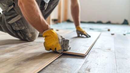 Installing laminated floor, detail on man hands holding wooden tile, over white foam base layer, small pile with more tiles background